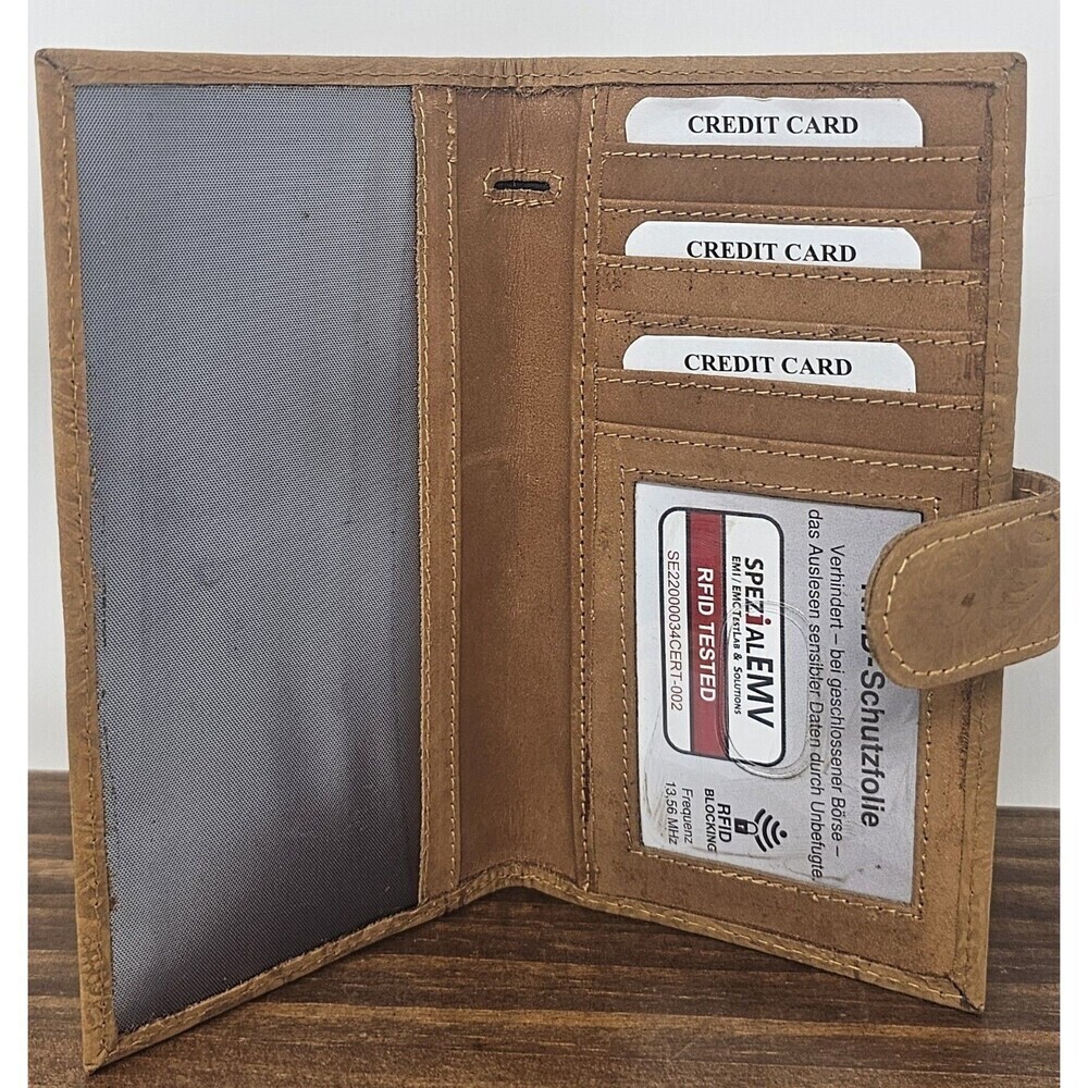 Tooled Embossed Soft Leather Wallet Credit Card BiFold Checkbook Tan RFID Floral - Picture 6 of 12